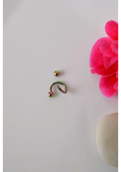 Kıvrımlı Çelik Spiral Piercing 6 mm Tragus Helix Kıkırdak Hologram Renkli