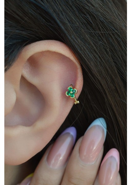 Sacce Scarves&Accessories Gold Halka Zümrüt Yeşili Mini Çiçekli Tragus Piercing Helix Kıkırdak Lob