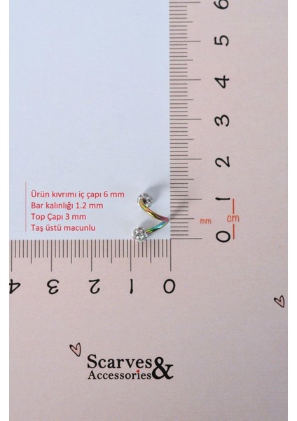 Kıvrımlı Çelik Spiral Piercing 6 mm Tragus Helix Kıkırdak Ucu Taşlı Hologram Renkli modelleri