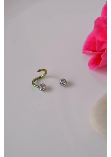 Kıvrımlı Çelik Spiral Piercing 6 mm Tragus Helix Kıkırdak Ucu Taşlı Hologram Renkli fırsatları