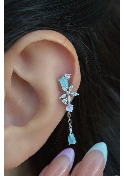 Sacce Scarves&Accessories Silver Çelik Su Yeşili Taş Sallantılı Helix Piercing Kıkırdak Lob