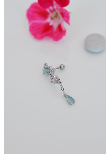 Sacce Scarves&Accessories Silver Çelik Su Yeşili Taş Sallantılı Helix Piercing Kıkırdak Lob modelleri