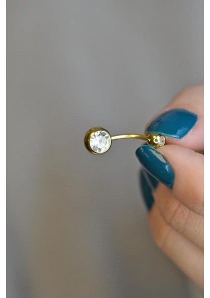 Top Taşlı Çelik Göbek Piercing Gold modelleri