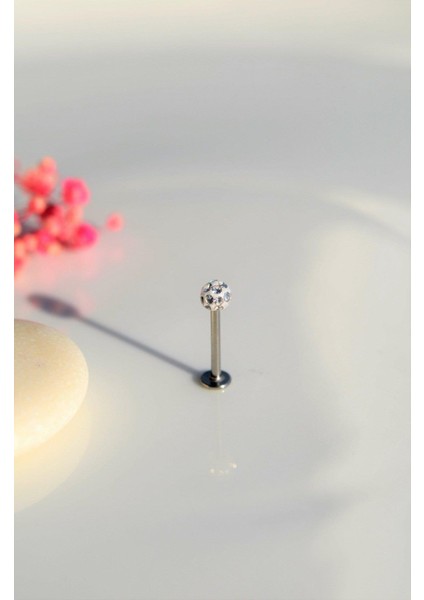 Taşlı Top Uçlu Çelik Piercing Dudak Dil 10 mm Gümüş Renk