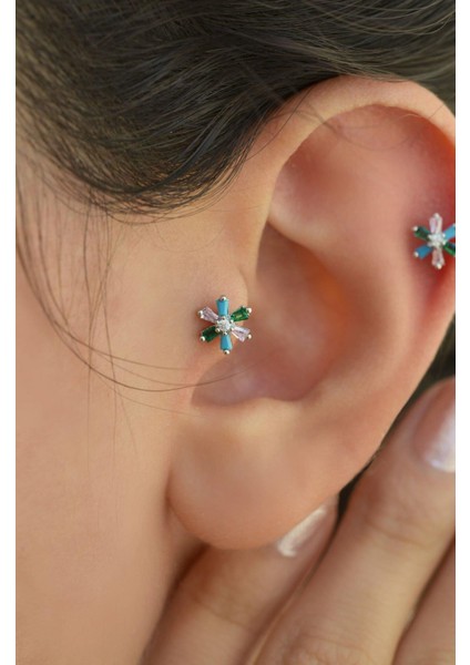Renkli Çiçek Tragus Piercing Helix Kıkırdak Gümüş Renk