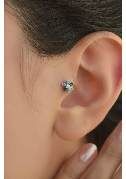 Renkli Çiçek Tragus Piercing Helix Kıkırdak Gümüş Renk fiyatları