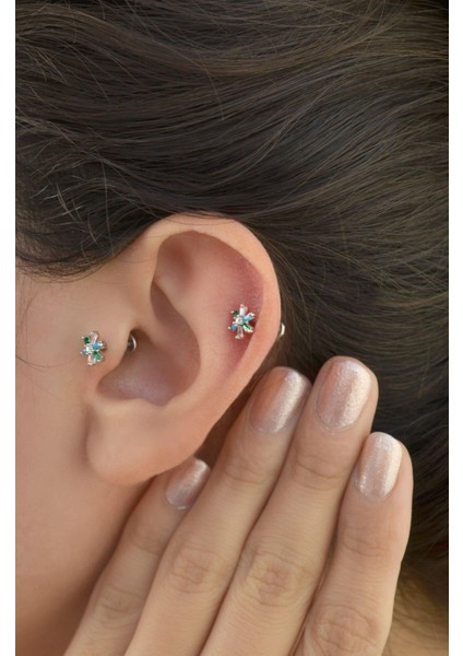 Renkli Çiçek Tragus Piercing Helix Kıkırdak Gümüş Renk modelleri
