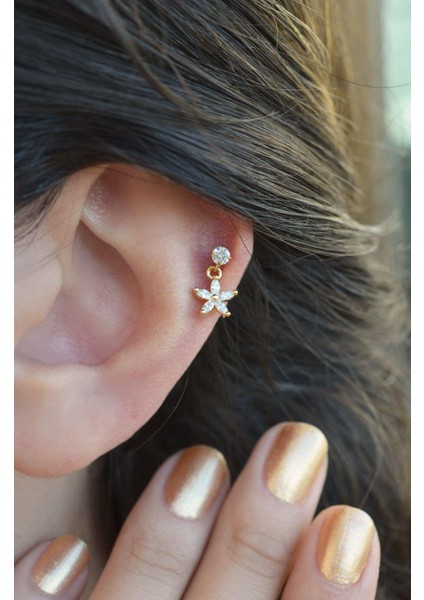 Gold Çiçek Sallantılı Piercing Helix Kıkırdak