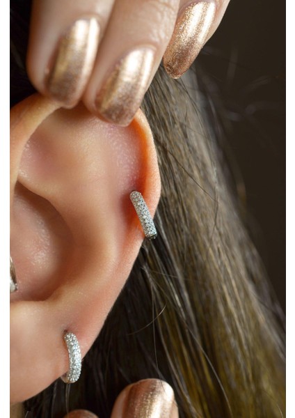 Bombeli Taşlı Halka Piercing Tragus Helix Kıkırdak Lob Gümüş Renkli