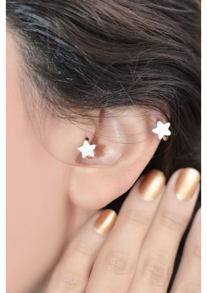Beyaz Yıldız Tragus Helix Piercing Mini Küpe