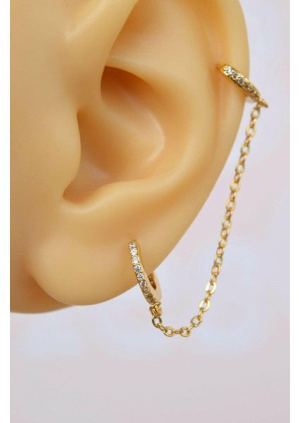 Zincirli Model Halka Piercing İkili Bağlı Gold