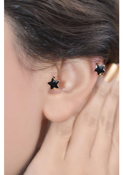 Siyah Yıldız Tragus Helix Piercing Mini Küpe