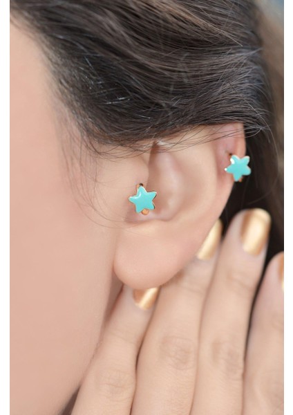 Mavi Yıldız Tragus Helix Piercing Mini Küpe