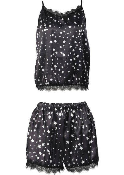 Kadın Yıldız Desenli Saten Gecelik Takım Siyah