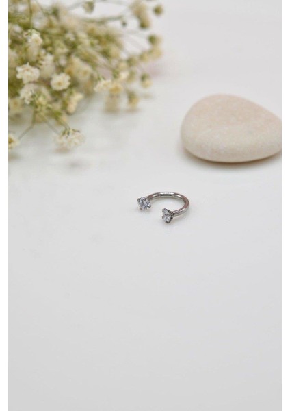 8 mm Gümüş Renk Çelik Taşlı Piercing Tragus Helix Kıkırdak