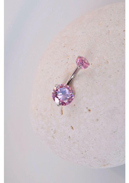 Pembe Taşlı Çelik Göbek Piercingi