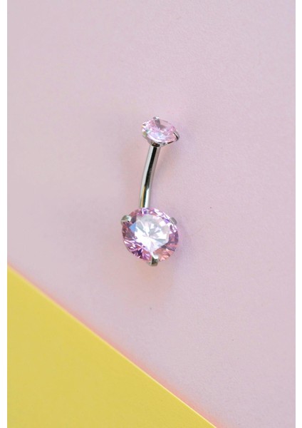 Pembe Taşlı Çelik Göbek Piercingi modelleri