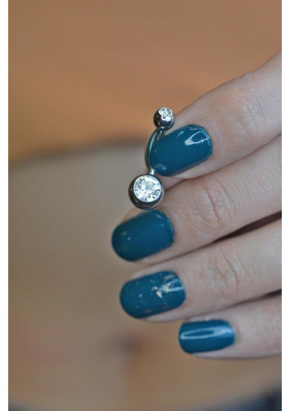 Top Taşlı Çelik Göbek Piercing Gümüş Renk