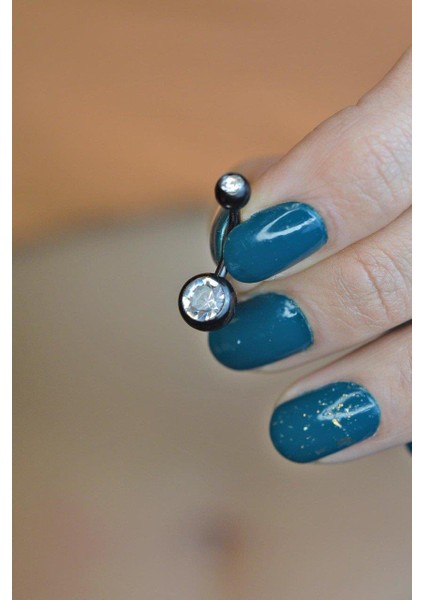 Top Taşlı Çelik Göbek Piercing Siyah Renk