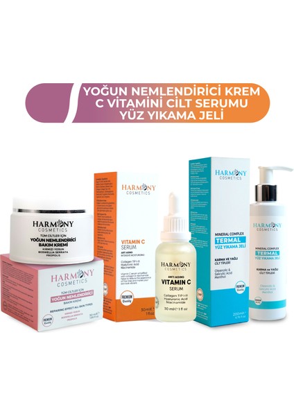 Yoğun Nemlendirici Krem + C Vitamini Serum + Termal Yüz Yıkama Jeli 3'lü Bakım Seti