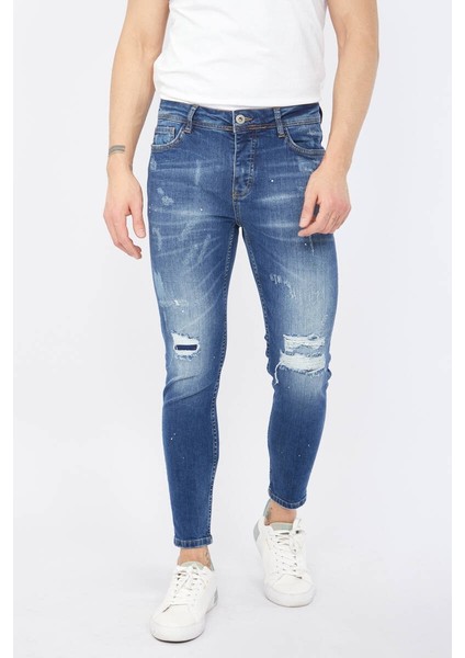 Erkek Skinny Fit Yırtık Detaylı Jean Koyu Mavi