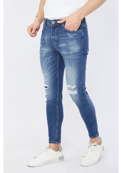 Erkek Skinny Fit Yırtık Detaylı Jean Koyu Mavi fiyatları