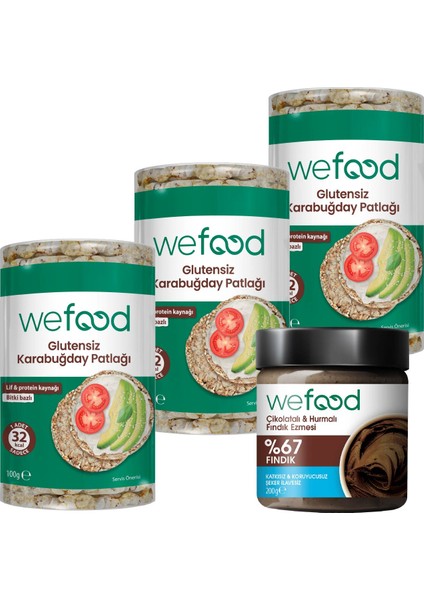Çikolatalı Hurmalı Fındık Ezmesi 200 gr + Wefood Glutensiz Karabuğday Patlağı 100 gr 3'lü