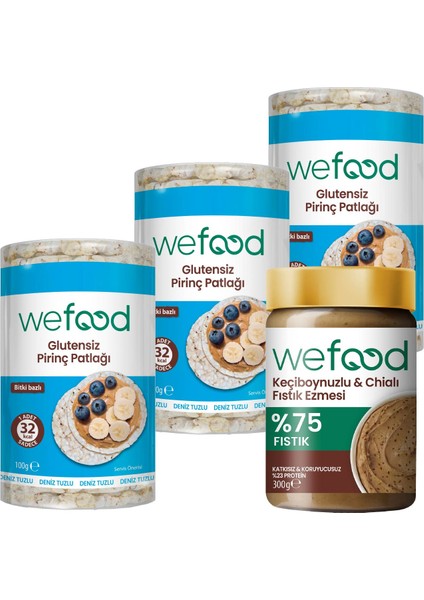 Keçiboynuzlu & Chialı Fıstık Ezmesi 300 G + Wefood Glutensiz Pirinç Patlağı 100 gr 3'lü