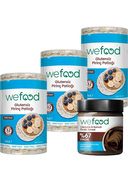 Çikolatalı Hurmalı Fındık Ezmesi 200 gr + Wefood Glutensiz Pirinç Patlağı 100 gr 3'lü