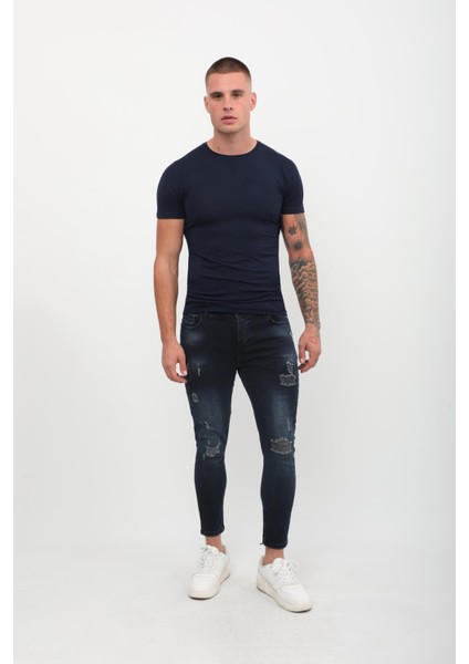 Erkek Skinny Fit Destroy Lacivert