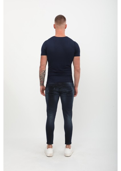 Erkek Skinny Fit Destroy Lacivert