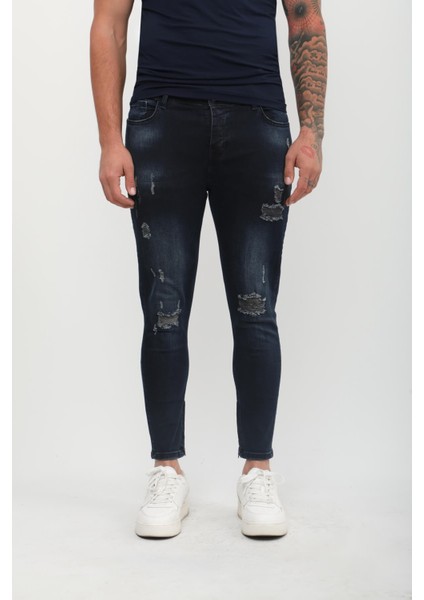 Erkek Skinny Fit Destroy Lacivert