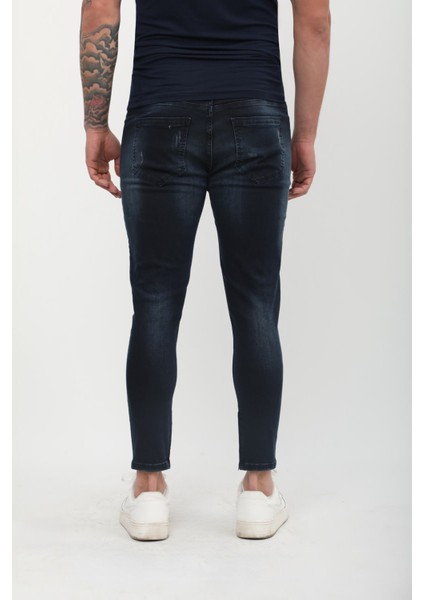 Erkek Skinny Fit Destroy Lacivert