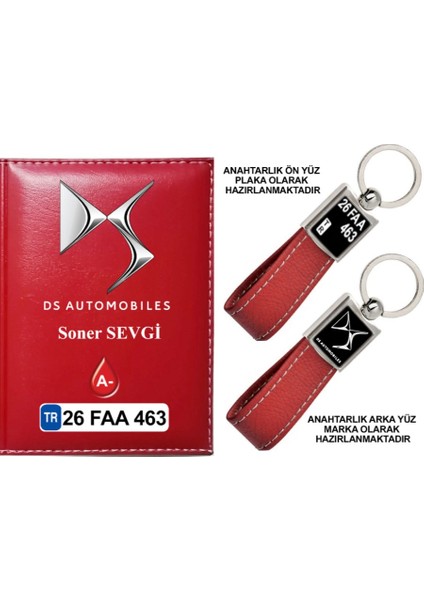 Plakanıza Özel Ds Automobiles Logolu Kırmızı Ruhsat Kabı ve Anahtarlık