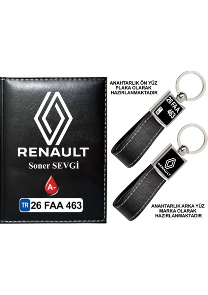 Plakanıza Özel Yeni Renault Logolu Siyah Ruhsat Kabı ve Anahtarlık