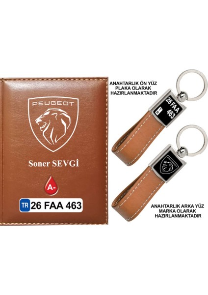 Plakanıza Özel Yeni Peugeot Logolu Taba Ruhsat Kabı ve Anahtarlık