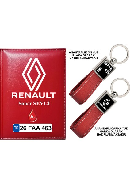 Plakanıza Özel Yeni Renault Logolu Kırmızı Ruhsat Kabı ve Anahtarlık