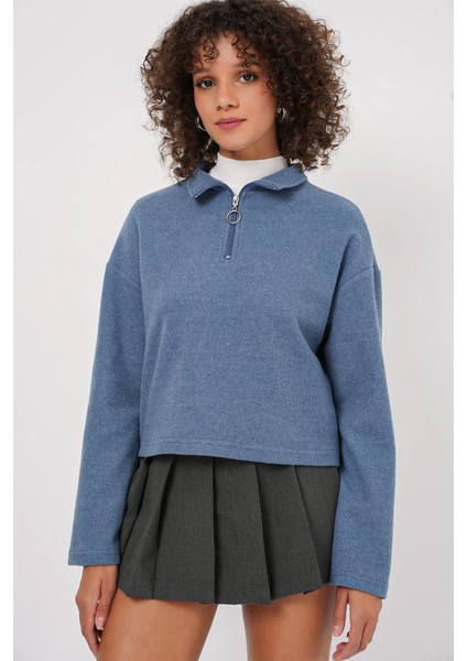 55449 Fermuarlı Yaka Örme Sweatshirt - Indigo
