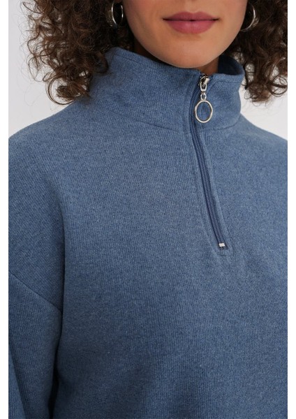 55449 Fermuarlı Yaka Örme Sweatshirt - Indigo