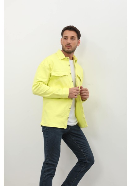 Erkek Oversize Jean Gömlek Neon Yeşil