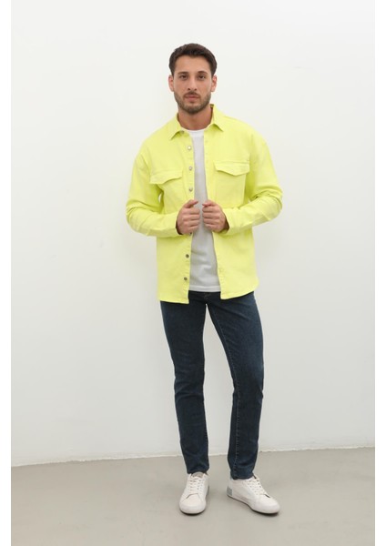 Erkek Oversize Jean Gömlek Neon Yeşil