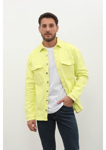Erkek Oversize Jean Gömlek Neon Yeşil