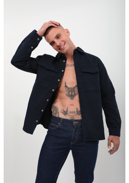 Erkek Oversize Jean Gömlek Lacivert fırsatları