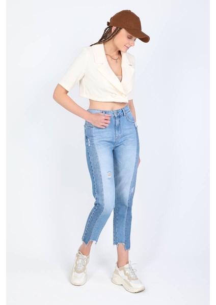 Kadın Çift Renkli Paçası Kesik Jean Pantolon Mavi modelleri