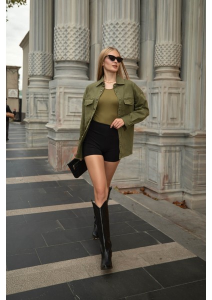 Kadın Oversize Jean Gömlek Haki
