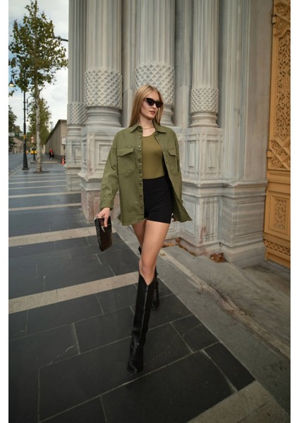 Kadın Oversize Jean Gömlek Haki modelleri