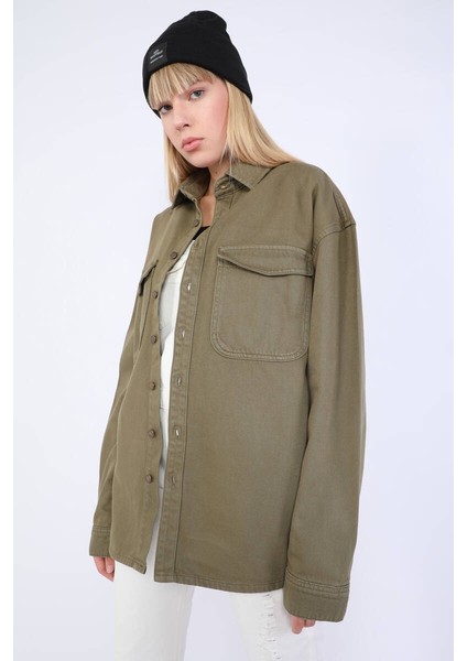 Kadın Oversize Jean Gömlek Haki indirimleri