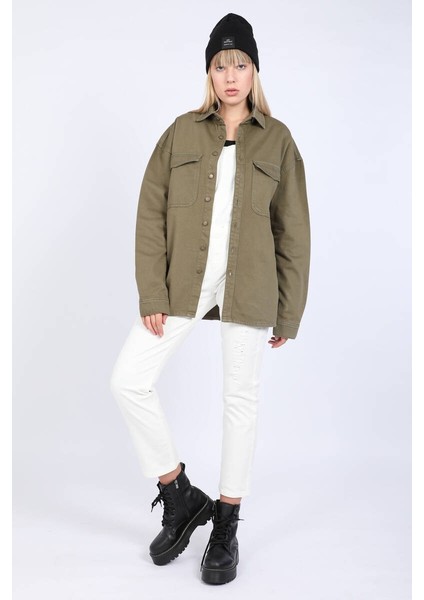 Kadın Oversize Jean Gömlek Haki