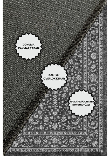 Klasik Çiçek Desenli Gri Siyah Halı Dijital Baskılı Dokuma Kaymaz Tabanlı Yıkanabilir Yazlık Halısı