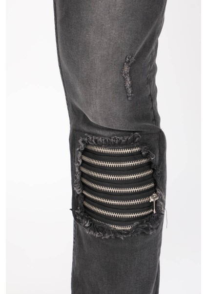 Erkek Straight Fit Fermuar Detaylı Jean Pantolon